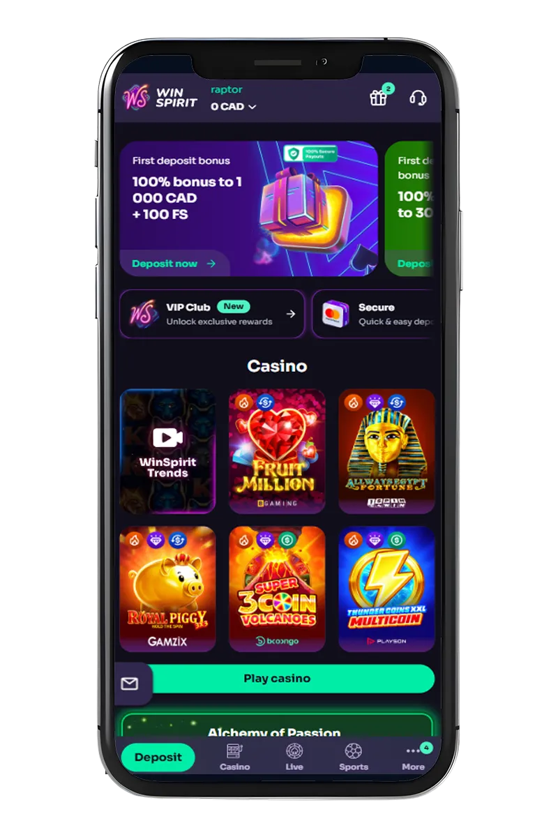 A screenshot of the mobile app with slots and games