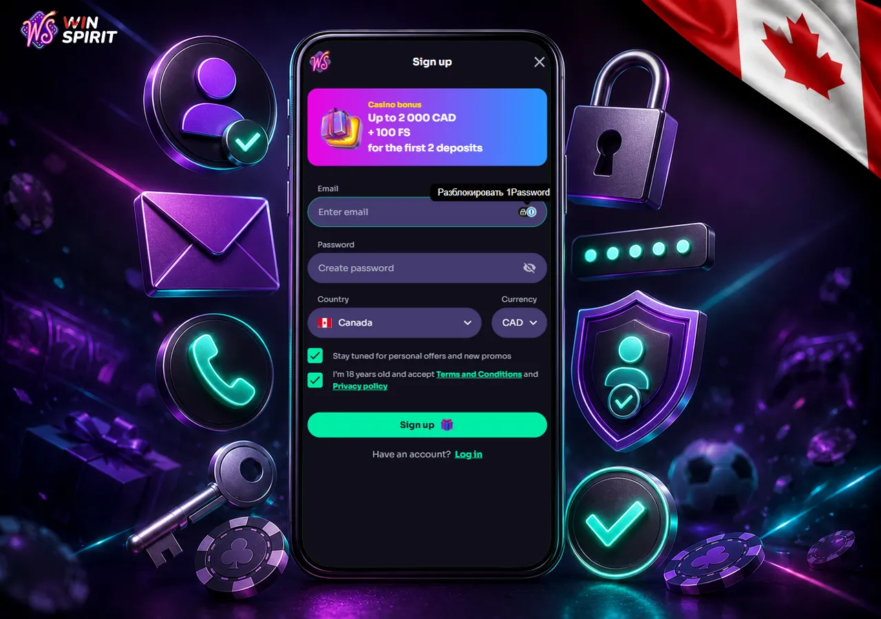 Account registration and login symbols for an online casino platform